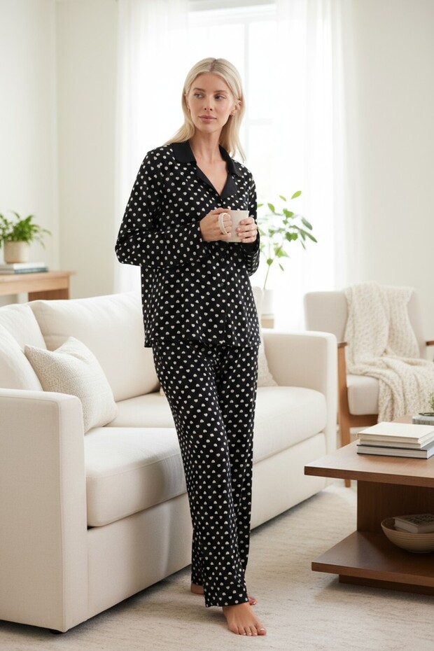 Women's Black Heart Pattern Cotton Long Pajama Set – Soft and Comfortable Loungewear