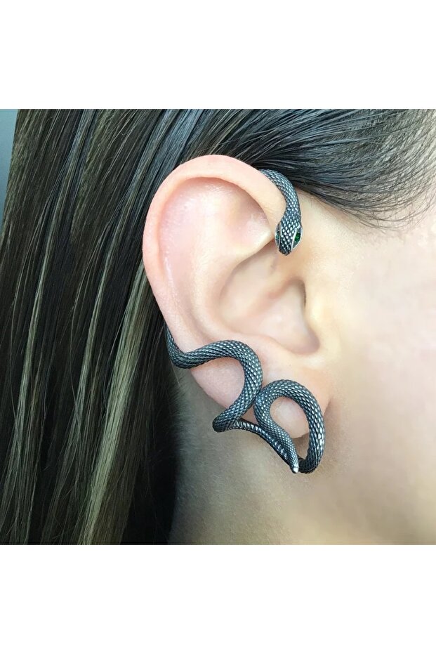 Ear Cuff Yılan Zirkon Tasarım Çivi Model S+ Kalite 316L Paslanmaz Kararmaz Çelik Küpe Tekli - 4