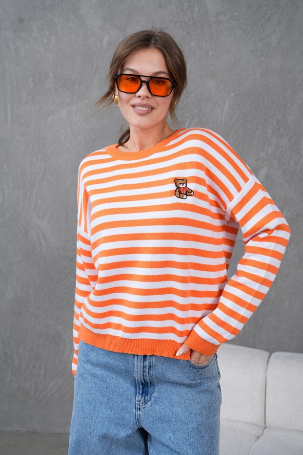 Women's Crew Neck Embroidery Detail Striped Oversized Knitwear Sweater