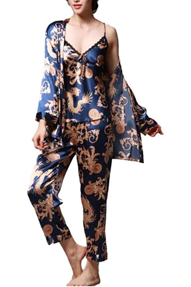 3-Piece Women's Satin Pajama Set with Dragon Print (Cami, Robe, Pants) TZ013