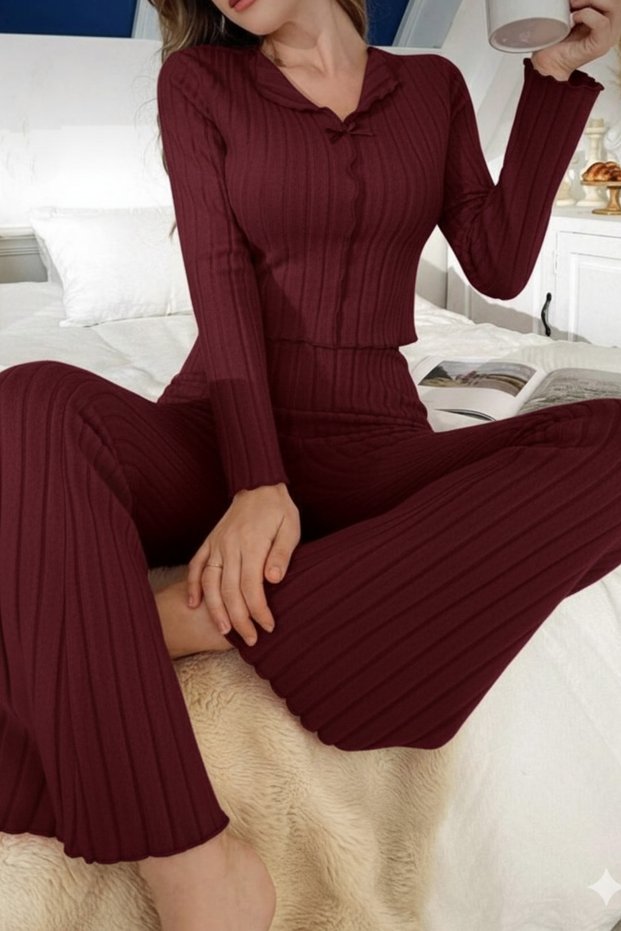 Burgundy Soft Cotton Bow Detail Long Sleeve Women's Pajama Set