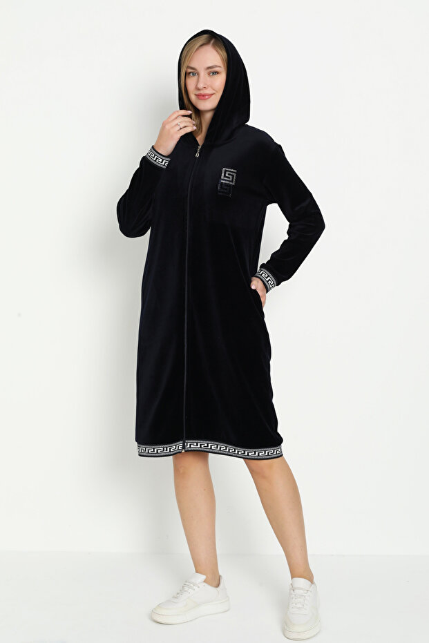Black Hooded Stone Detailed Zippered Pocket Cotton Velvet Dress