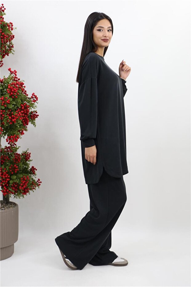Oversize Basic Pantolonlu Takım - Siyah - 5