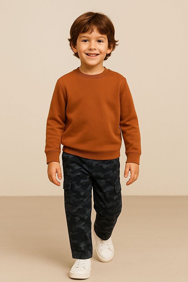 100% Cotton Boy's Camouflage Patterned Cargo Pocket Piece Pants 100% Cotton, Gabardine Fabric