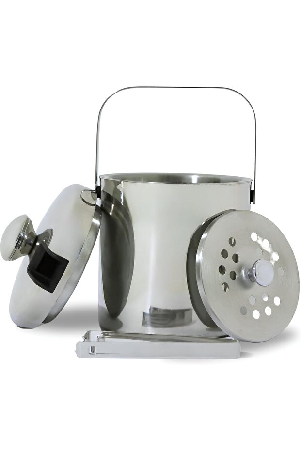 , Double-Walled Stainless Steel Ice Bucket, 1.3 Litre Capacity with Lid and Tongs