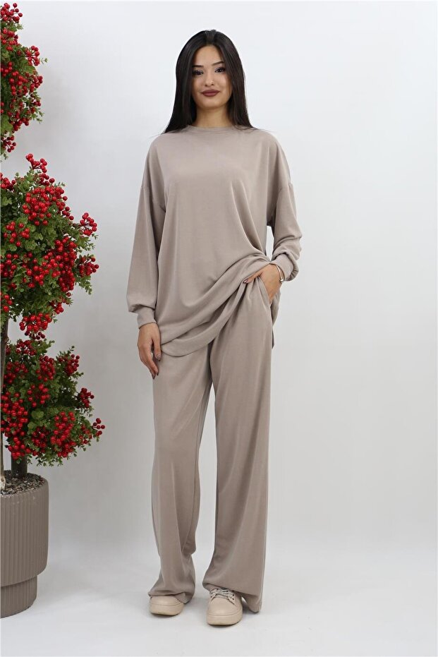 Oversize Basic Pantolonlu Takım - Bej - 3