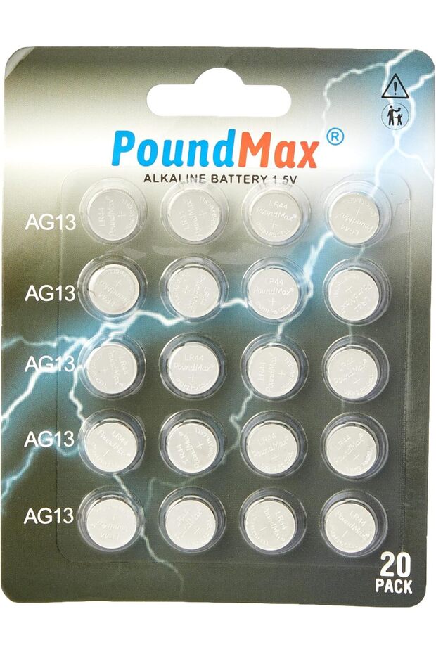 PoundMax 20'li Paket LR44 AG13 1,5 V Alkalin Düğme Pil, Cıvasız, Sızdırmaz,