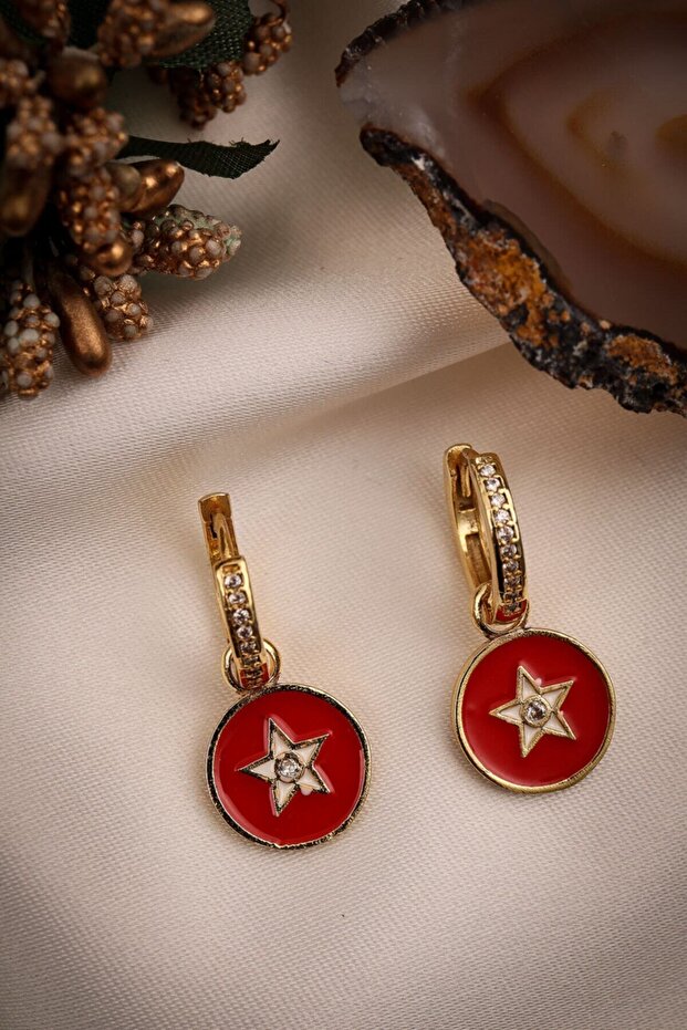 Red Enameled Star Figure Gold Hoop Earrings
