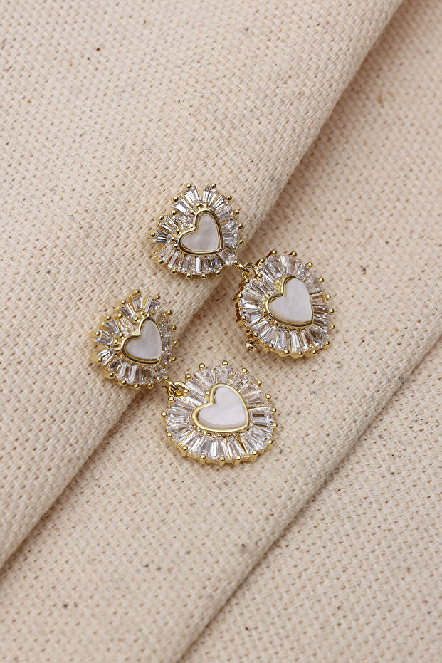 White Pearlescent Heart Figure Trapezoidal Stone Gold Color Earrings