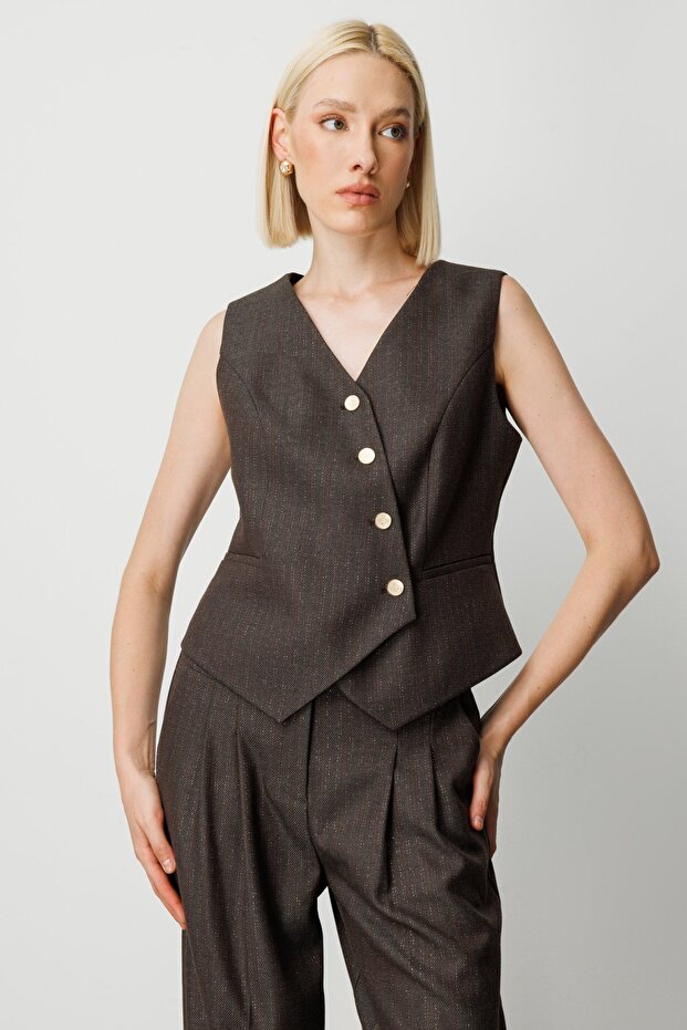 Stripe Patterned V-Neck Vest Brown 5109-26K