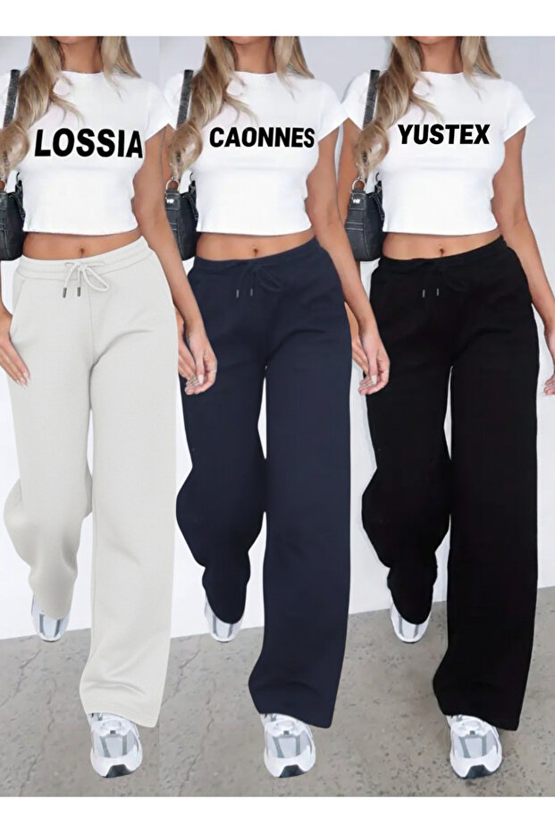 3-Piece Winter Black Gray Navy Wide-Leg Winter Sweatpants Set Plus Size Comfortable Fabric