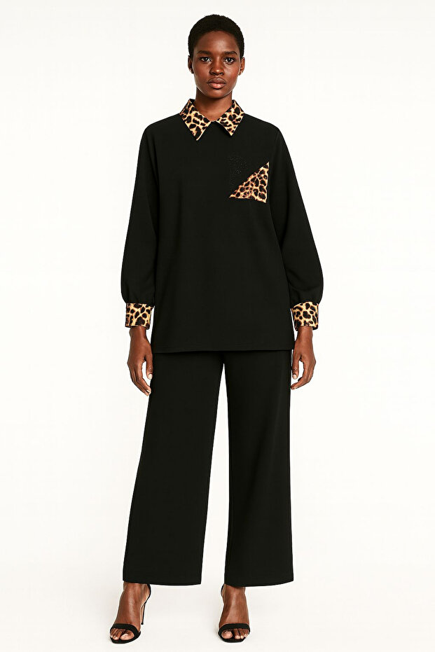 Plus Size Leopard Detailed Black Two Piece Set – Stylish Tunic and Pants Set