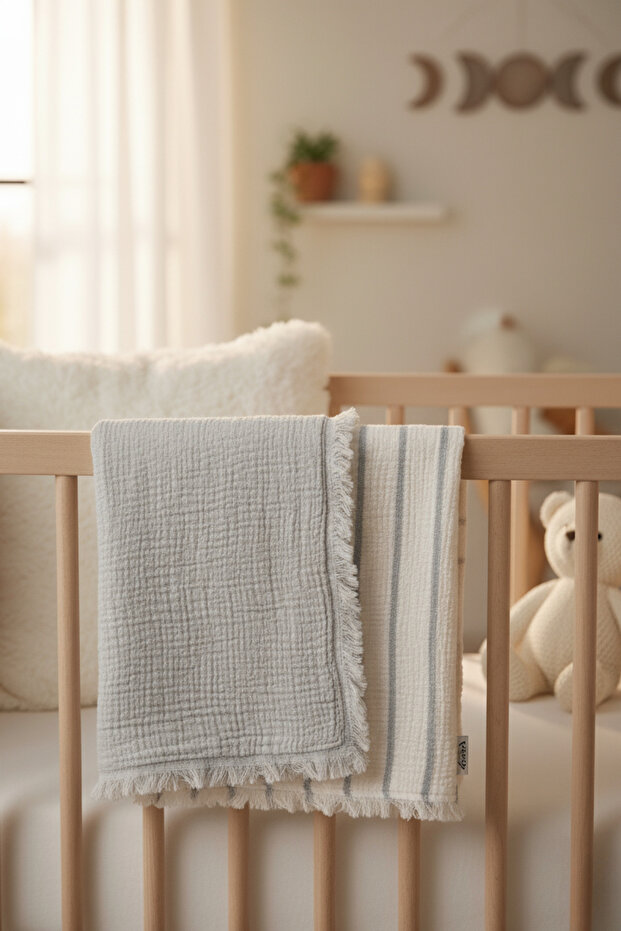 Four Layers Padded Tasseled Organic Muslin Bedspread - Blanket 100X120 cm Natural