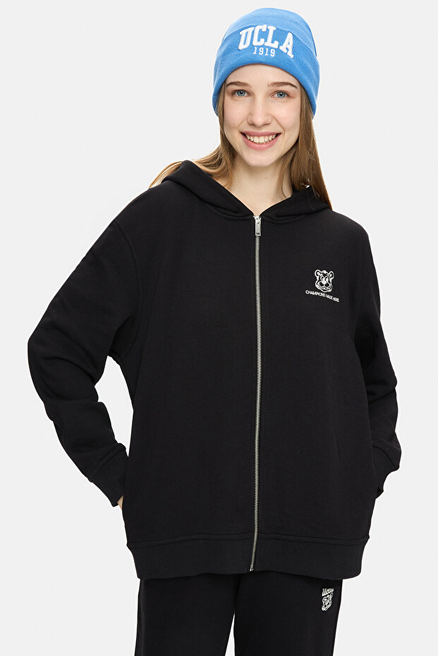 Esther Black Zippered and Pocketed Cotton Embroidered Loose Fit Women's Sweatshirt
