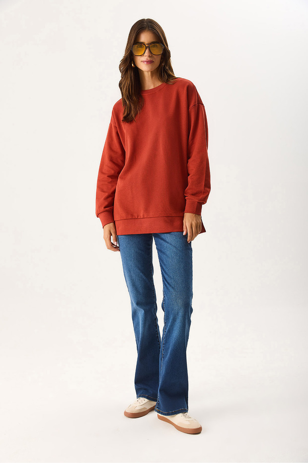 Women's Crew Neck Side Slit Regular Fit 3 Thread Sweatshirt 100% Cotton - Tile