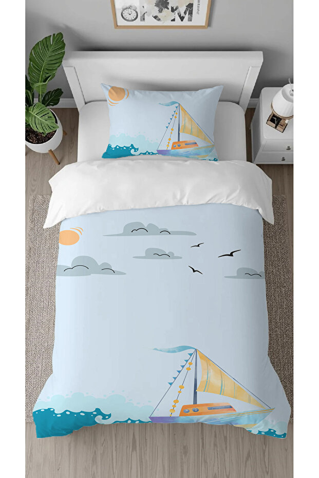 Sea Ship Ocean Sun Patterned Digital Printed Specially Designed Children's Duvet Cover Set Without Sheets