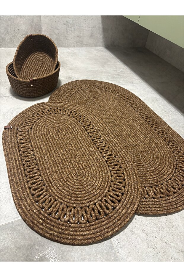 Terra 4-Piece Bathroom Set – 2 Oval Mats & 2 Oval Baskets, Natural Rope Weave, Handmade - Premium
