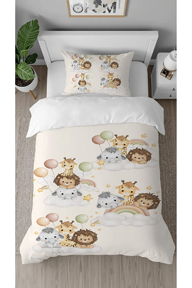 Lion Elephant Giraffe Balloon Beige Patterned Digital Printed Special Design Children's Duvet Cover Set Without Sheets