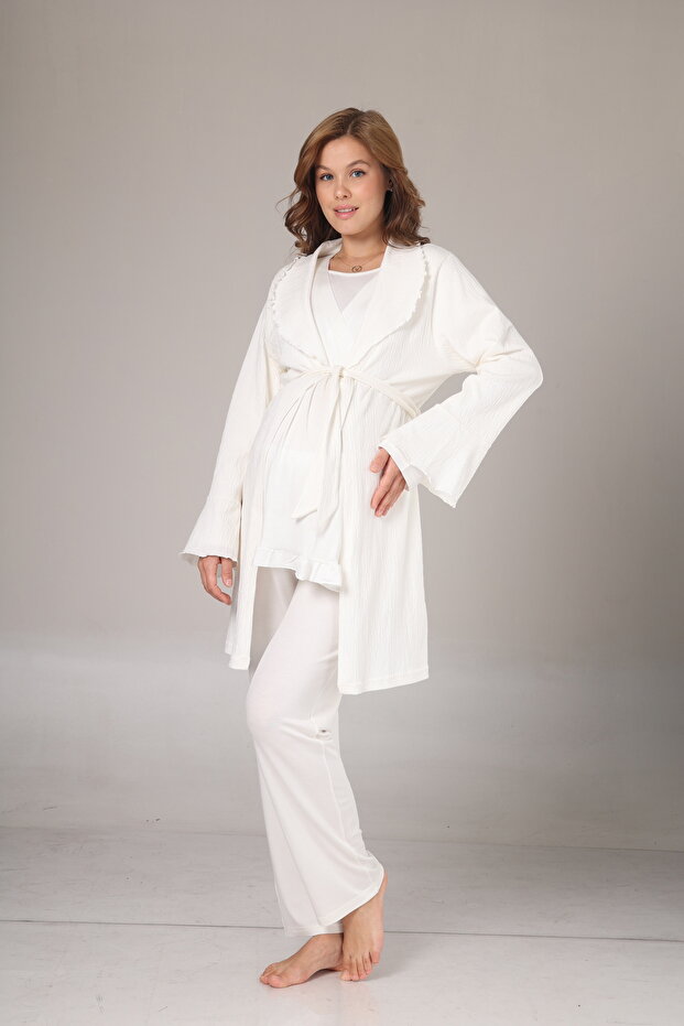 Women's Ecru Jacquard Shawl Collar Maternity Dressing Gown 3-Piece Pajama Set