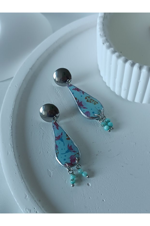 Blue Natural Stone Charm Floral Women's Polymer Clay Steel Earrings with Apparatus Dangle Earrings