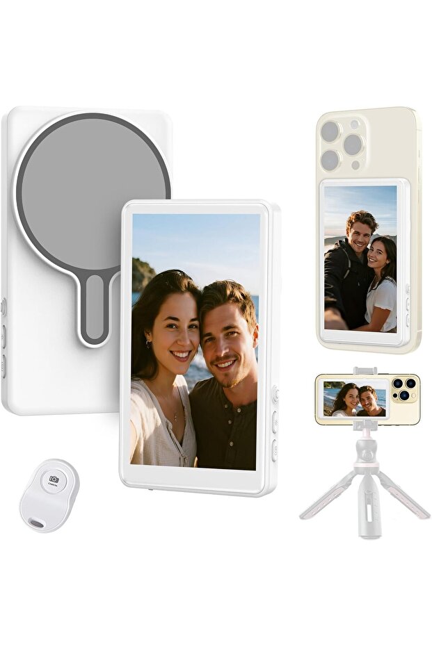 Selfie Monitor Screen for Iphone & Android, 2026 Patented Wireless Magnetic Back Camera Monitor, Vlog Content Creator Essentials, 1800mAh, Up to 3 Hours Runtime, White (Not for Google Pixel)