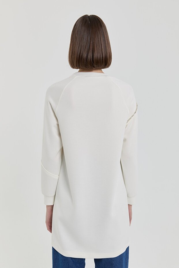 Taş Detaylı Örme Sweat Ekru - 6