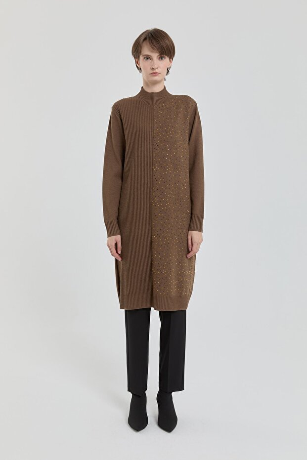 Serpme Payetli Fitilli Triko Tunik Kahve - 1