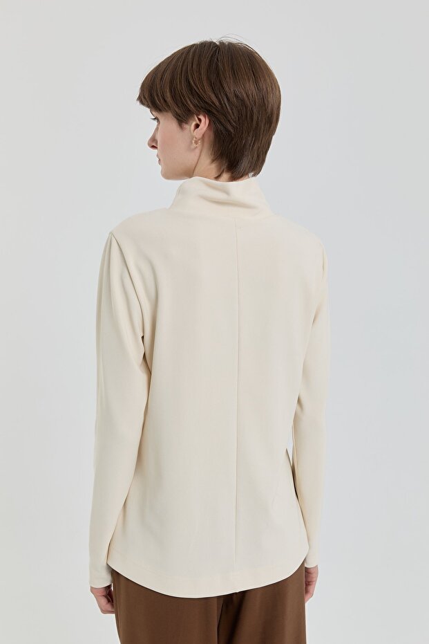 Dik Yaka Basic Örme Bluz Ekru - 4