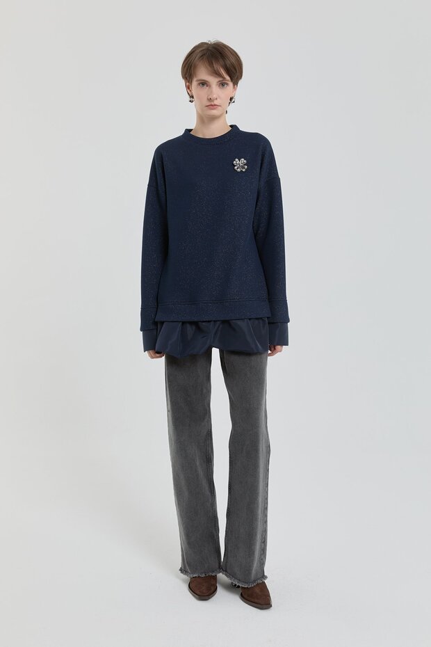 Broş Detaylı Simli Örme Tunik Lacivert - 2