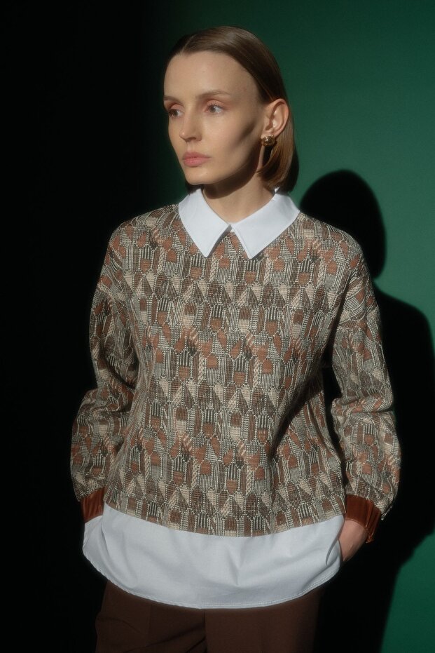 Gömlek Görünümlü Örme Sweat Açık Kahve - 2