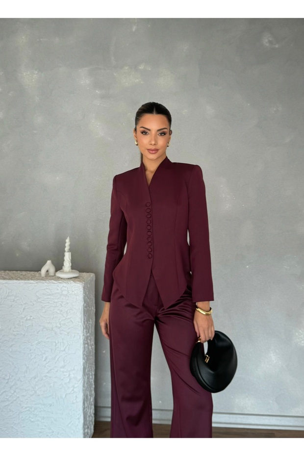 Shoulder Pad Piece Classic Women's Arven Jacket and Pants Set with Buttons on the Front