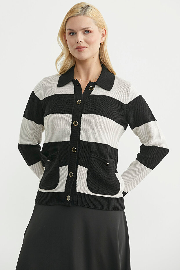 Wool Color Striped Pocket Knitwear Cardigan - Black