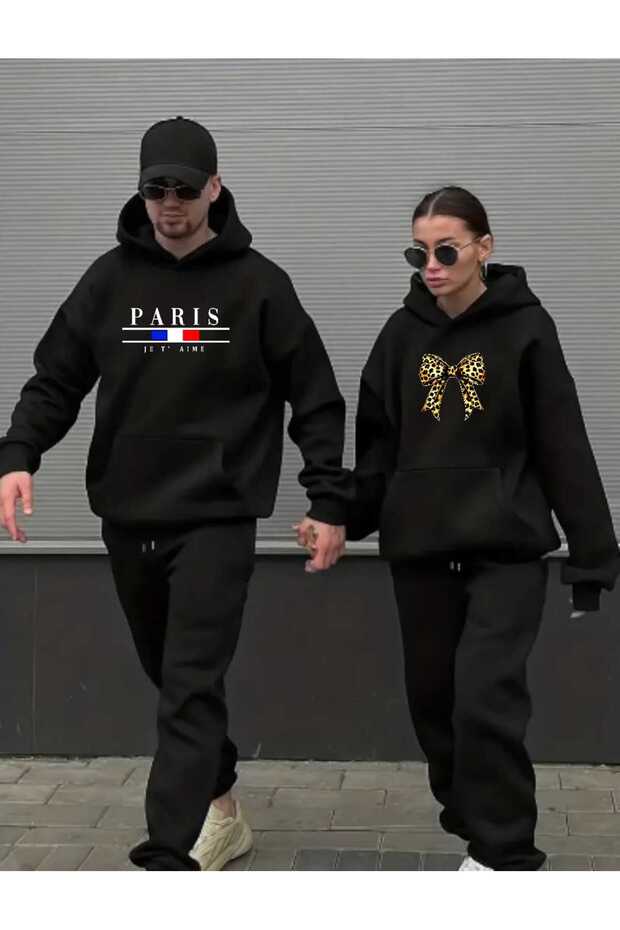 Unisex Men's Paris Women's Leopard Ribbon 2-Piece Set Fashion Print Design Trend Hooded Sweatshirt