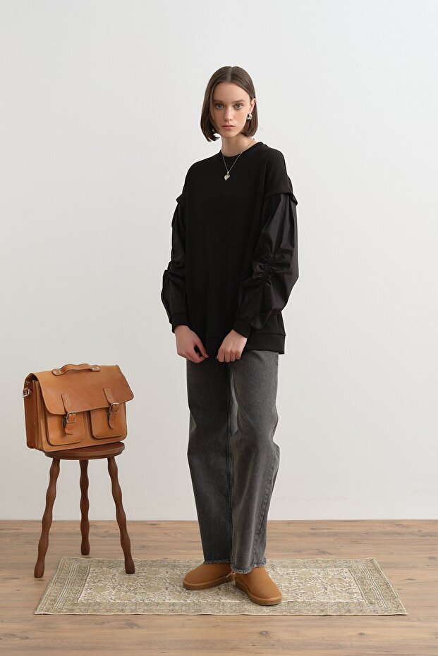 Kolları Poplin Örme Sweat Siyah - 2