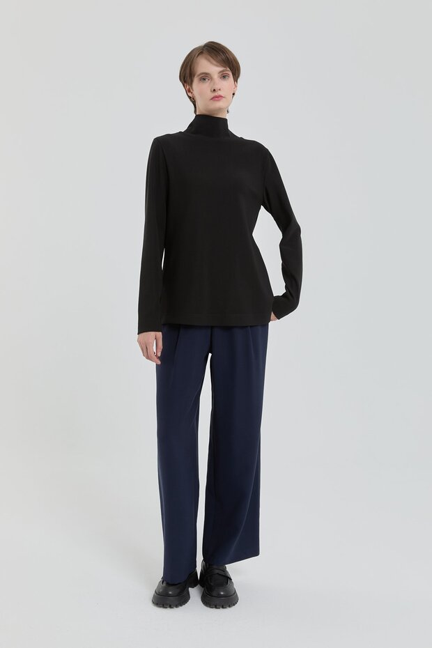 Dik Yaka Basic Örme Bluz Siyah - 1