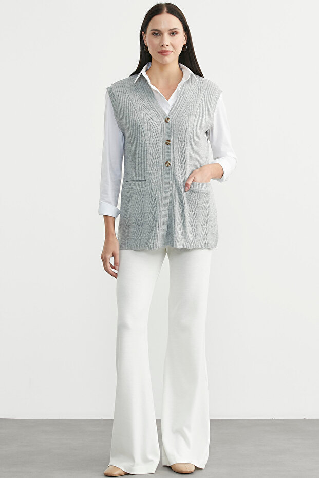 Buttoned Knit Vest with Pockets - Light Gray