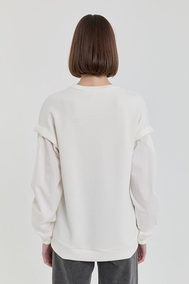 Kolları Poplin Örme Sweat Ekru - 6