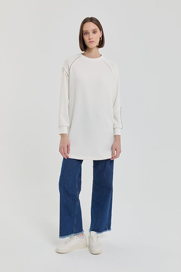 Taş Detaylı Örme Sweat Ekru - 5