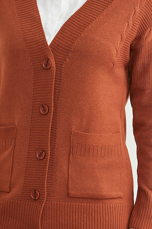 Oversize Cepli Triko Hırka - Kiremit - 4