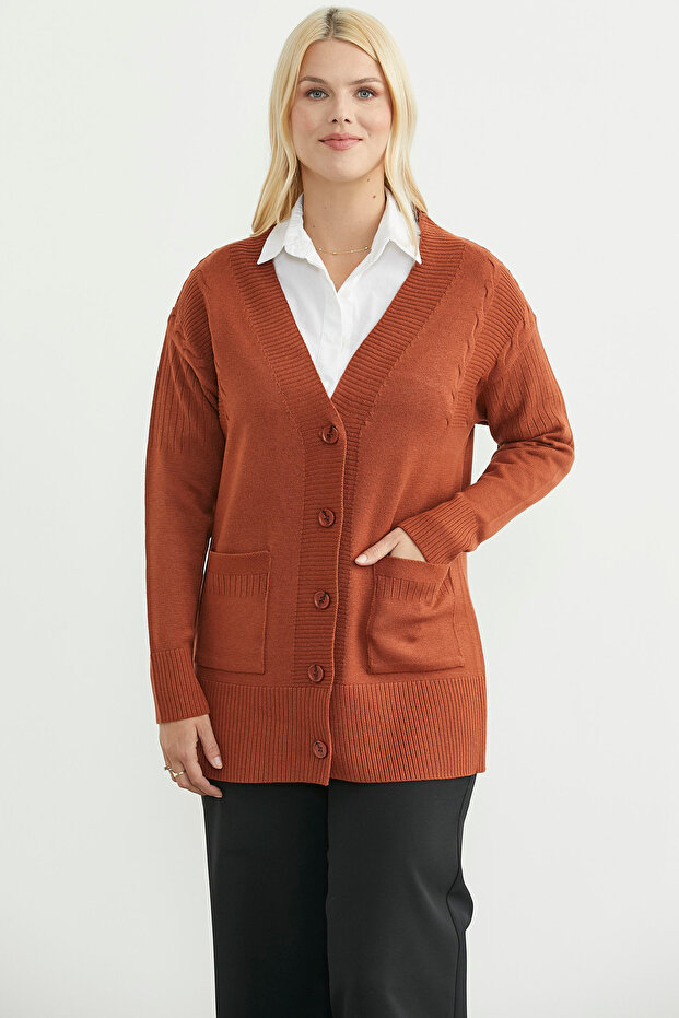 Oversize Cepli Triko Hırka - Kiremit - 1