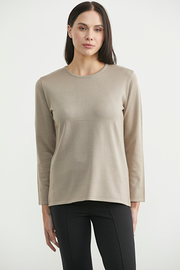 سترة تريكو طويلة بياقة مستديرة - بيج - 2