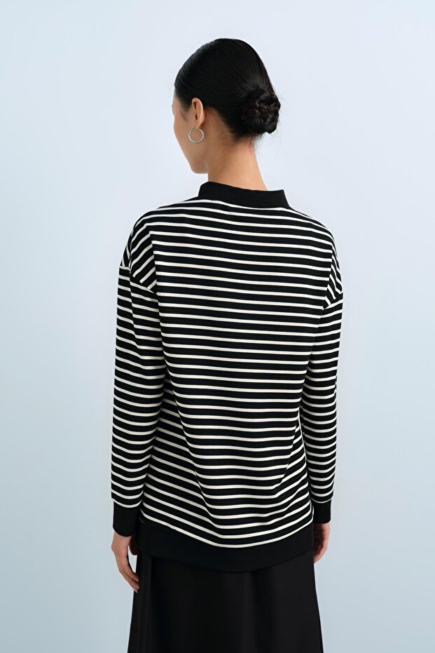 Çizgili Basic Sweat Siyah - 4