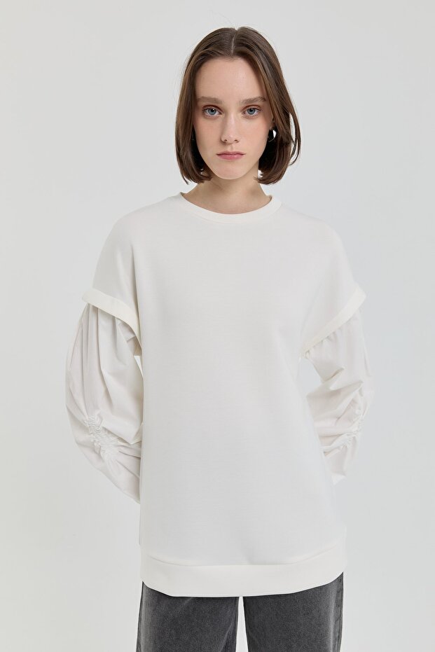 Kolları Poplin Örme Sweat Ekru - 5