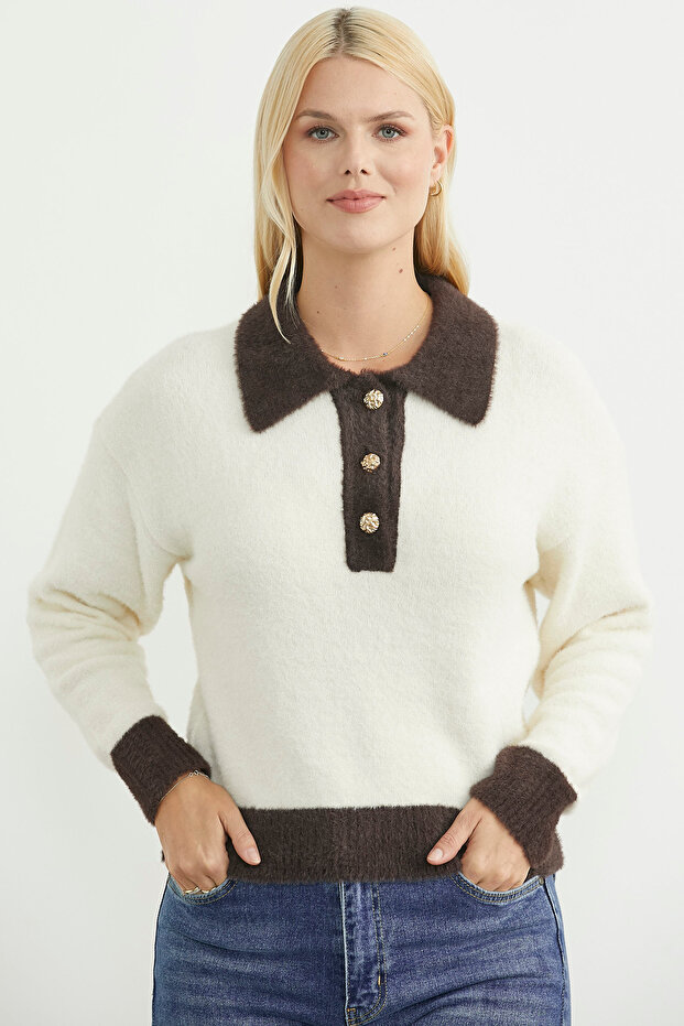 Polo Neck Color Gradient Knit Sweater - Bone