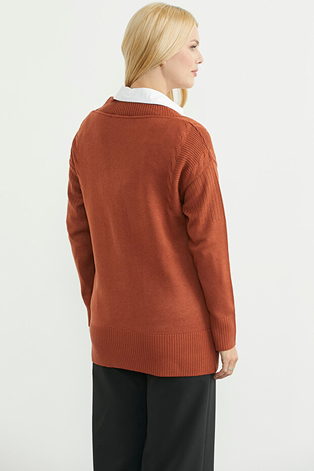 Oversize Cepli Triko Hırka - Kiremit - 5