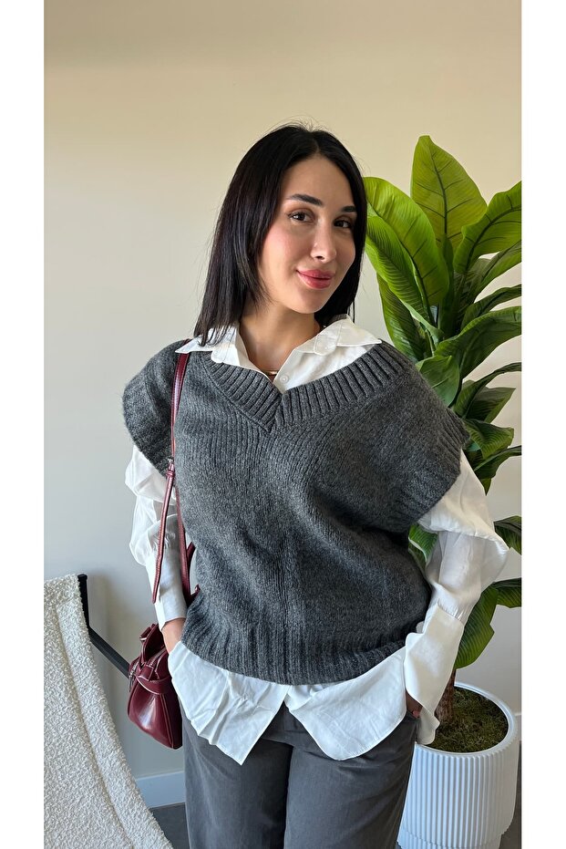 V Yaka Örgü Süveter - 4