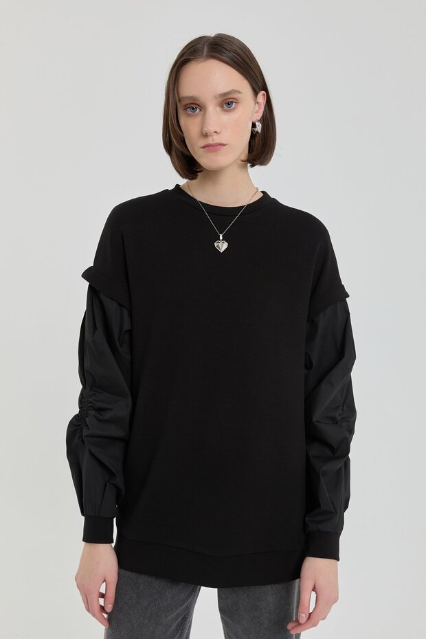 Kolları Poplin Örme Sweat Siyah - 3