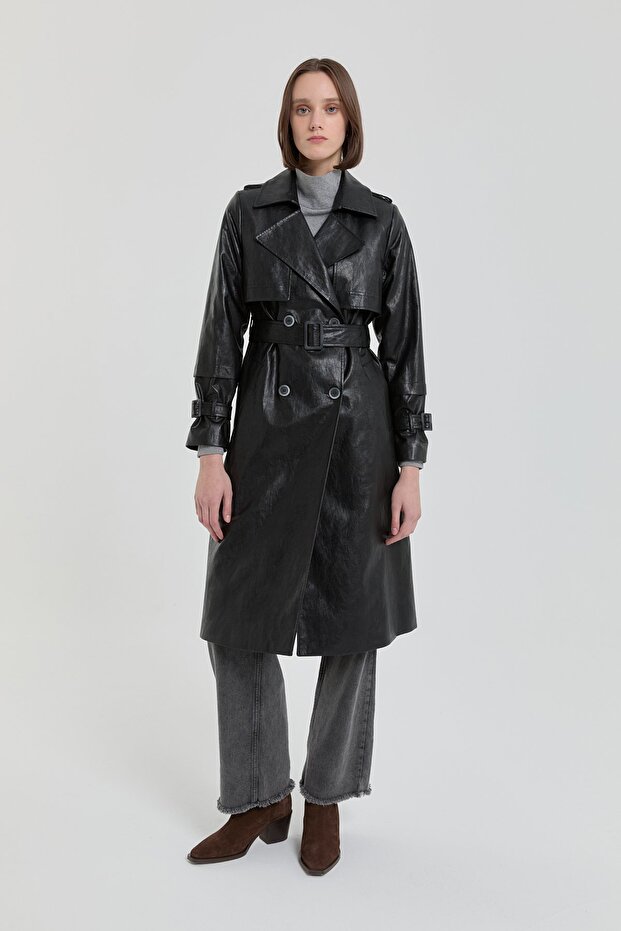 Belted Double-Breasted Leather Trench Coat Black