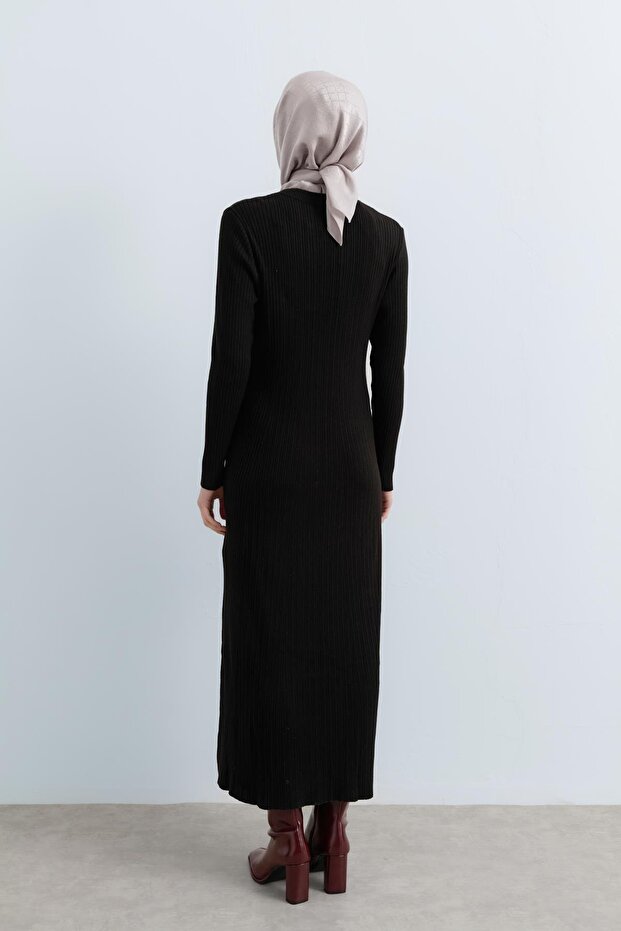 Fitilli Triko Elbise Siyah - 4