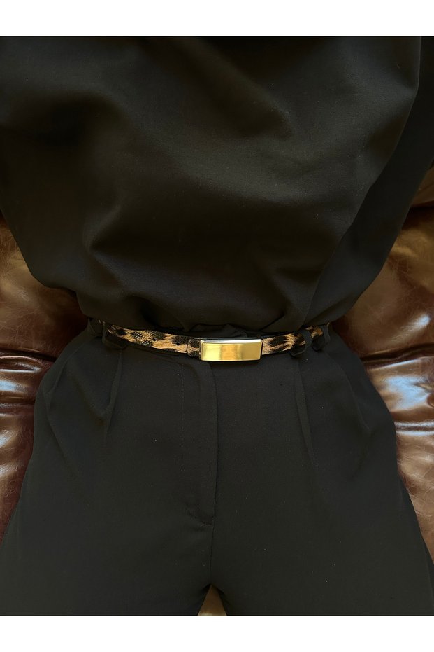 Surge Rectangular Patterned Women's Gold Buckle Belt Waist Belt Coat Belt Dress Belt Trouser Belt